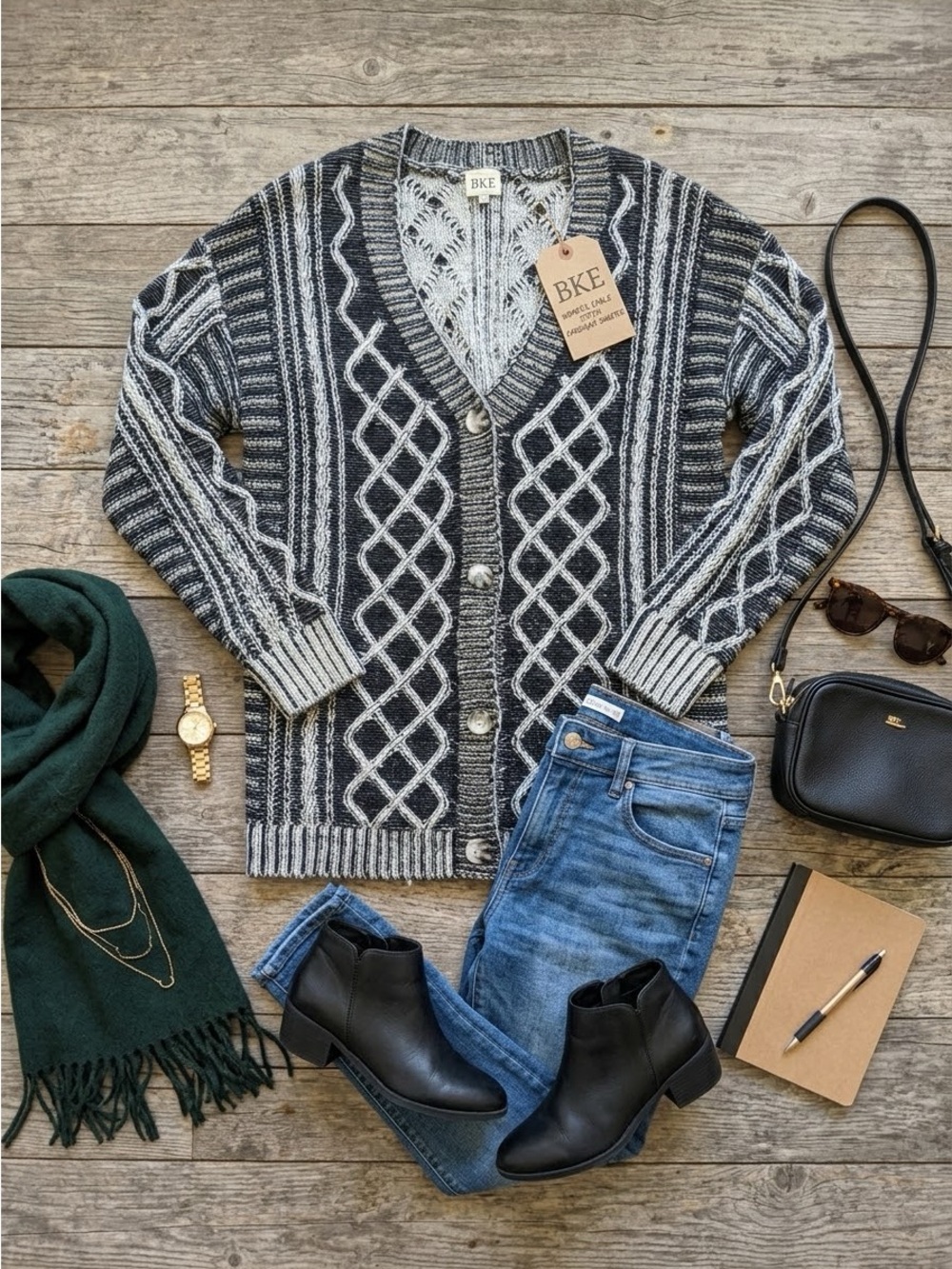 BKE Black & Cream Patterned Cable Cardigan